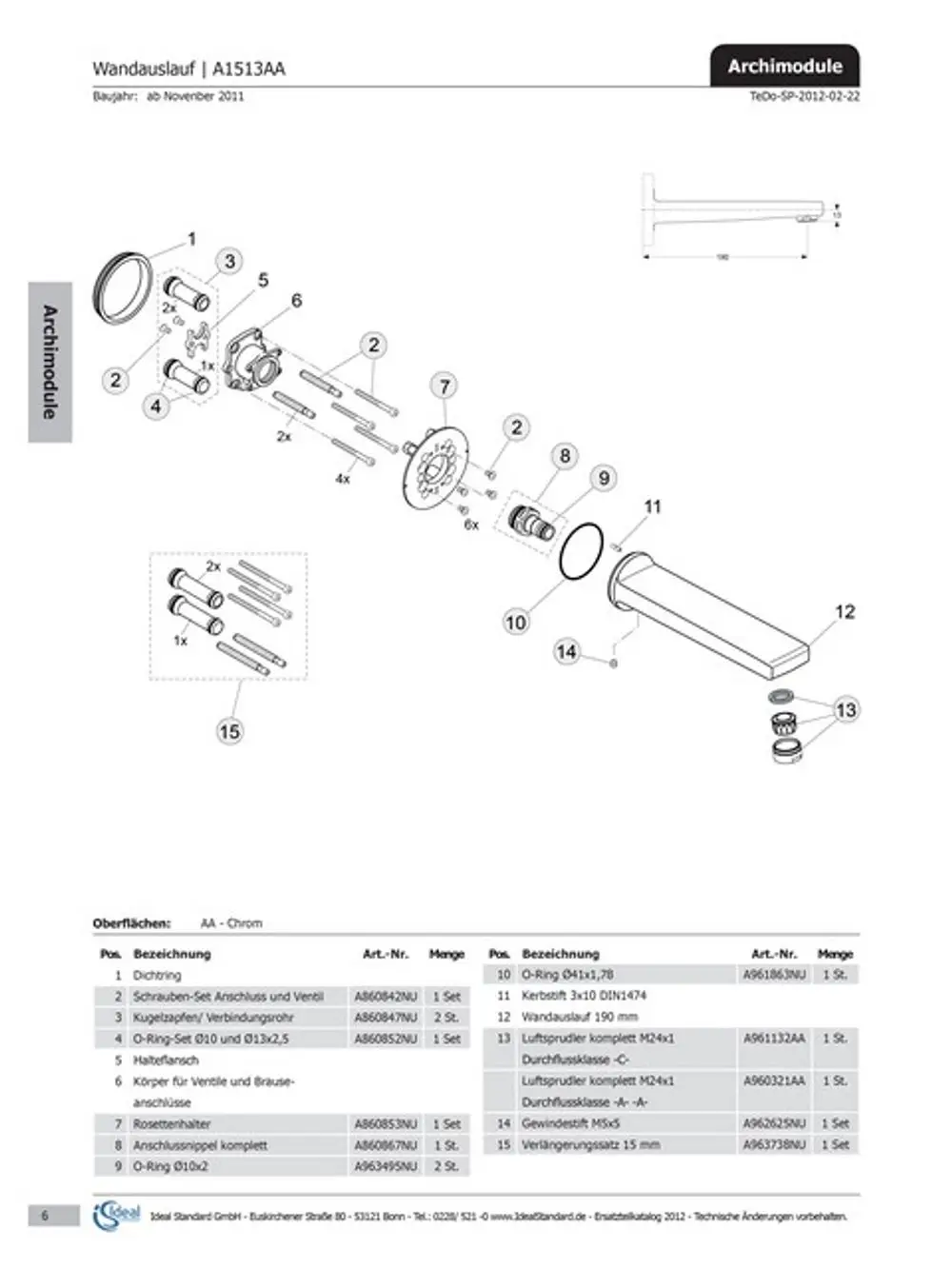 Explosionszeichnung eines Ideal Standard Wandauslaufs mit Bauteilen und Beschreibungen. Enthält Einzelteile wie Dichtungen, Schrauben und Halterungen für die Montage.